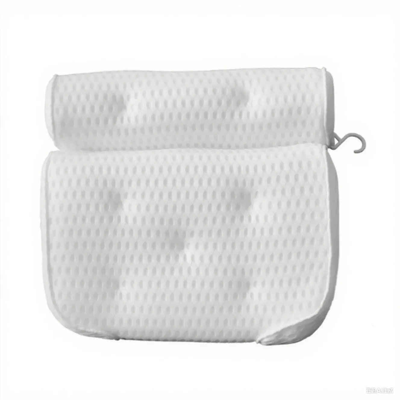 White breathable 3D bathtub pillow with seven suction cups on a bathtub edge.
