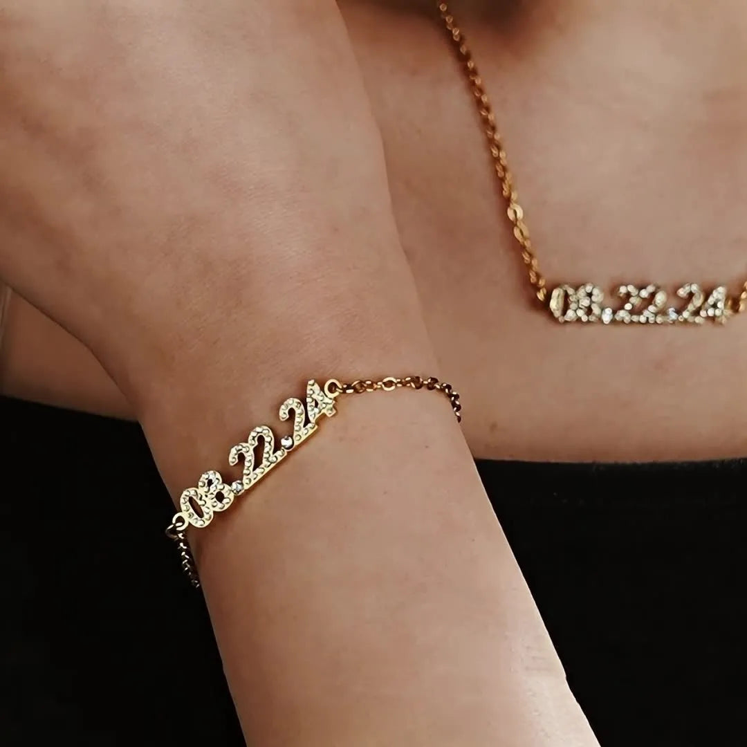 Stainless steel diamond studded digital bracelet or necklace in gold rose gold and steel color options