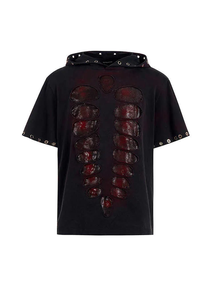Black men's hooded short-sleeved T-shirt with loose fit and all-over sequins decoration.