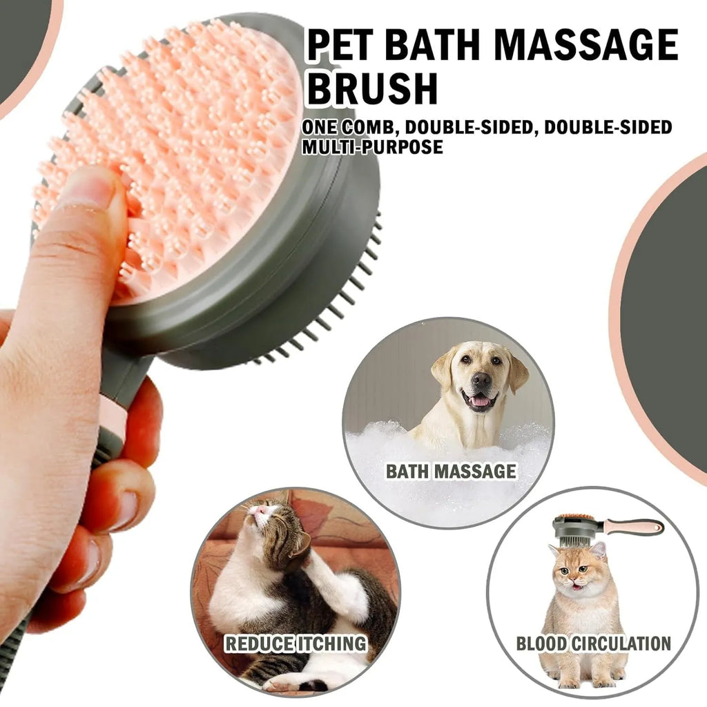 Pink and green double-sided cat grooming brush with a release button and a separate flea comb.