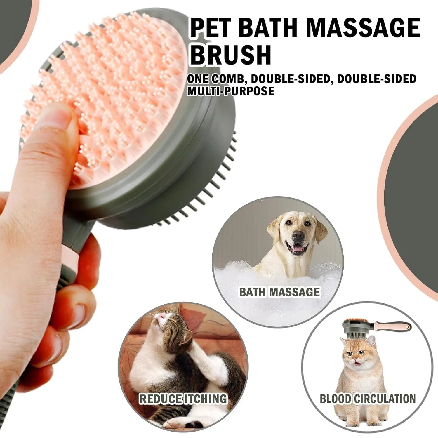 Pink and green double-sided cat grooming brush with a release button and a separate flea comb.
