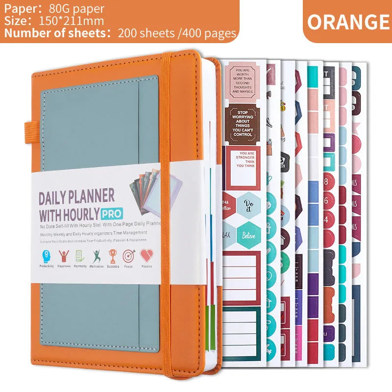 Creative trend notebook with PU cover, open to show undated strap and wood-free paper, with colour options displayed.