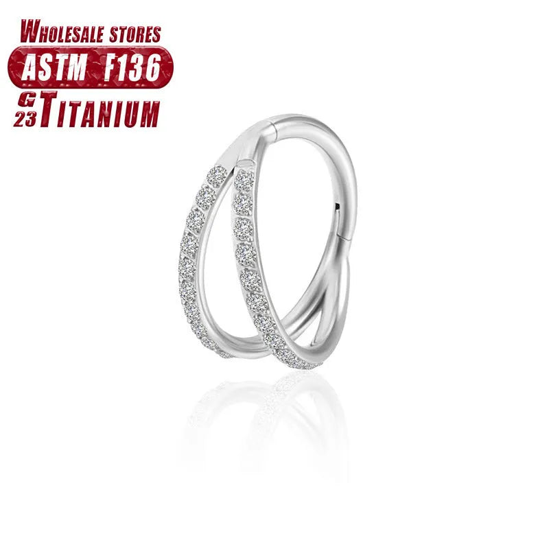 Titanium alloy L-shaped fork nose ring in silver, gold, black, rose gold and colourful finishes on a white background.
