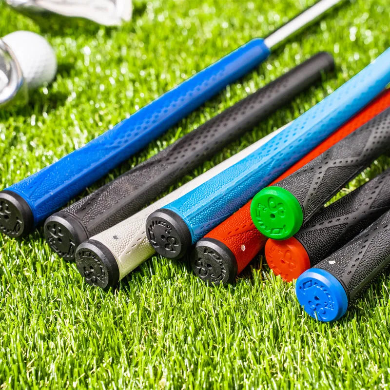 TPE golf club grip showing colour options including pink, red, blue, white, and black variations