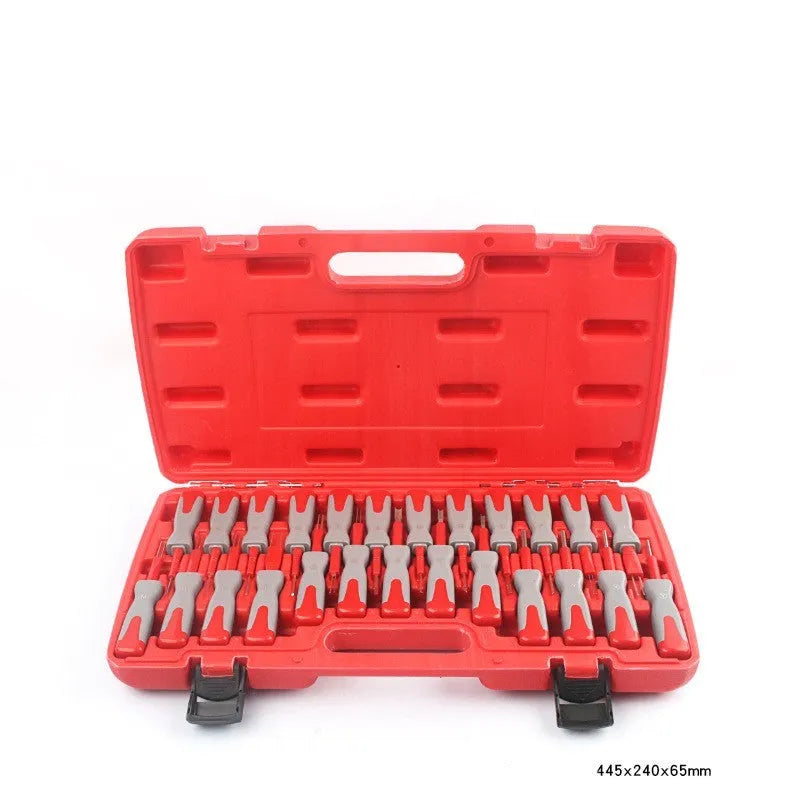 25-piece car terminal removal tool kit with needles and keys for harness disassembly in a storage case.