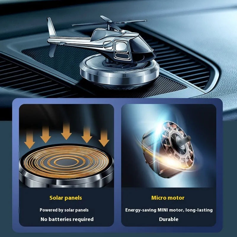 Metal solar helicopter car perfume ornament in silver, black or blue with rotating blades