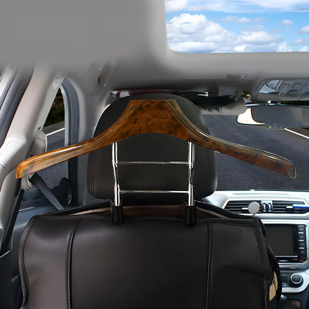 Wood yellow stainless steel car mounted clothes hanger measuring 46.5 by 23 cm for hanging suits and jackets