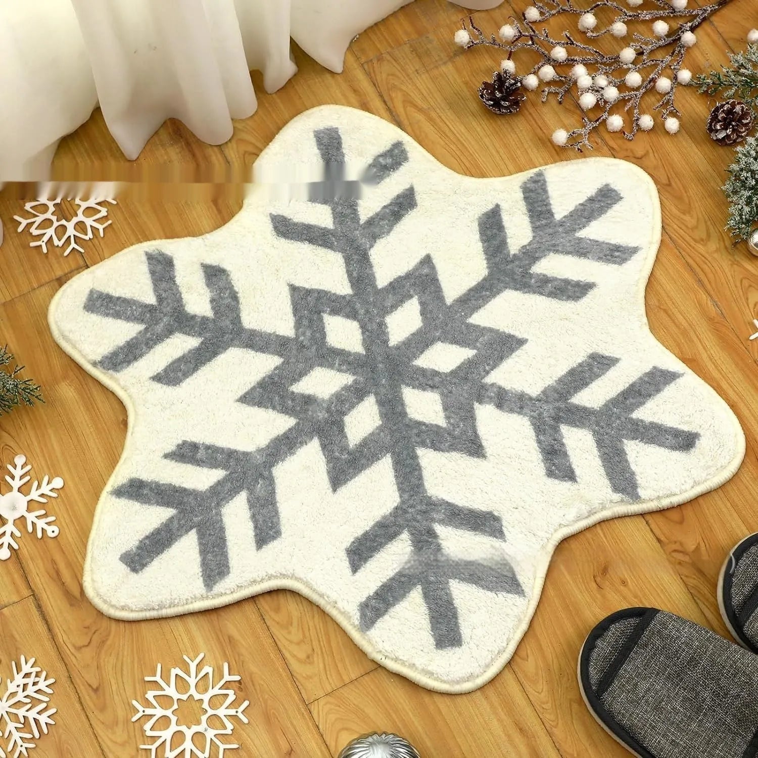 Round Christmas-themed carpet on floor, showing one of ten printed holiday blanket designs.
