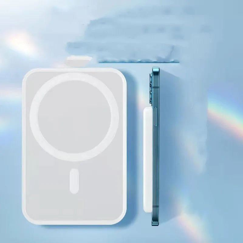 White magnetic wireless charger power bank with 5000mAh capacity measuring 100x65x16mm