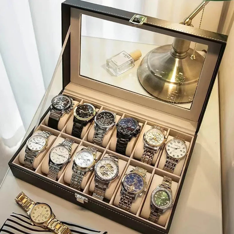 Grey high-grade leather watch storage box with multiple compartments and clear dustproof lids.