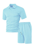 Men's casual two-piece short sleeve suit in figured cloth fabric showing polo shirt and trousers