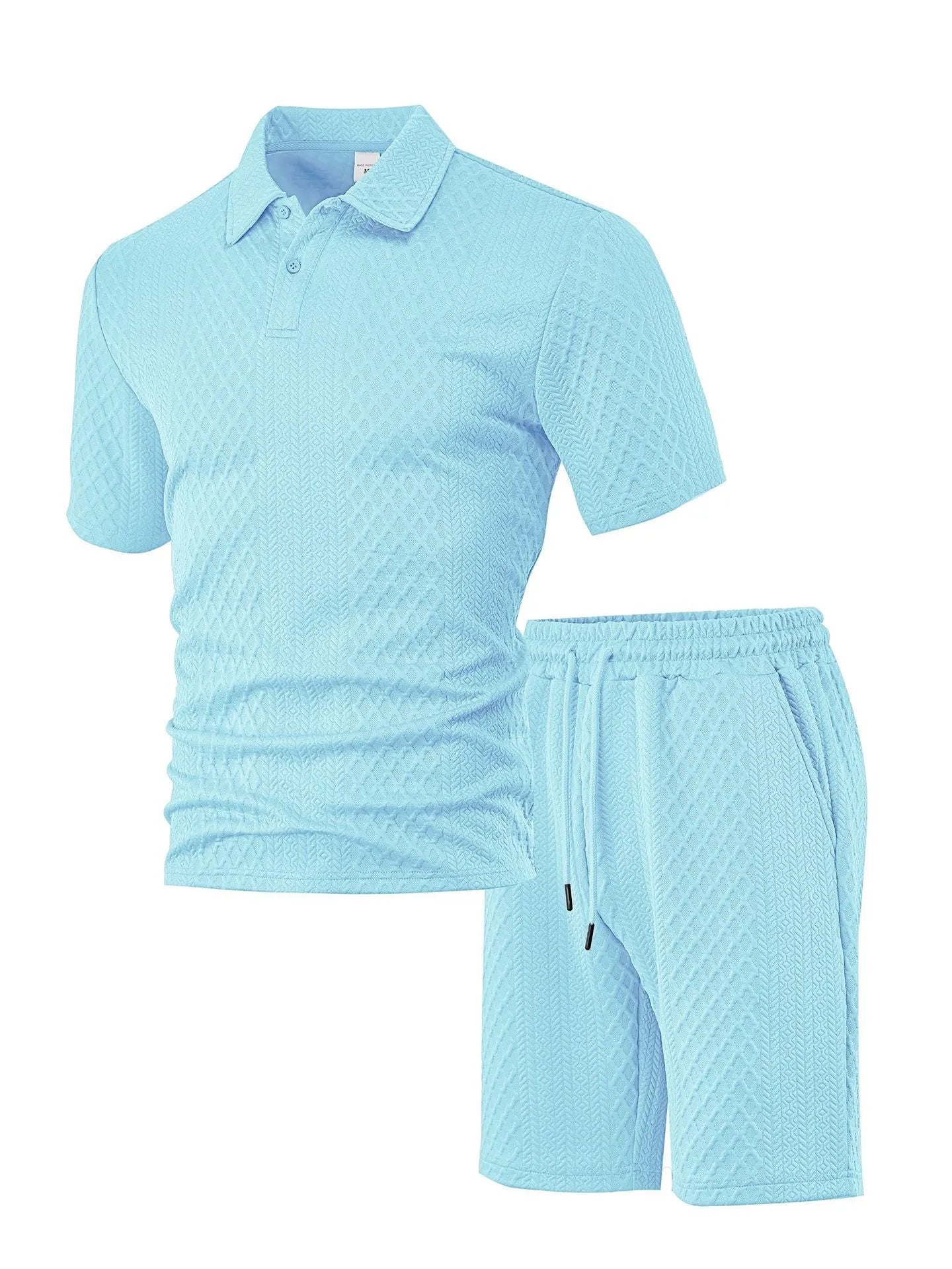 Men's casual two-piece short sleeve suit in figured cloth fabric showing polo shirt and trousers