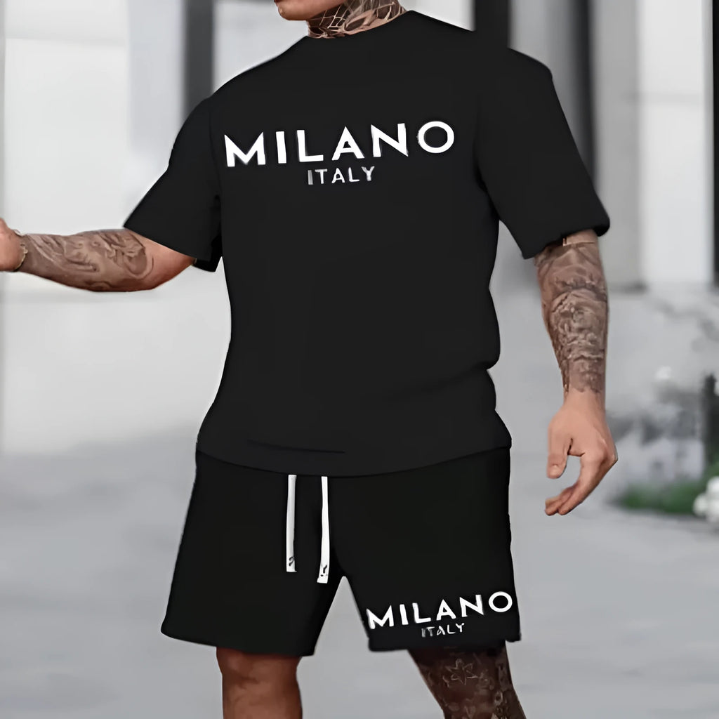 Men's black polyester short sleeve suit set with round neck top and matching shorts
