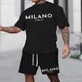Men's black polyester short sleeve suit set with round neck top and matching shorts