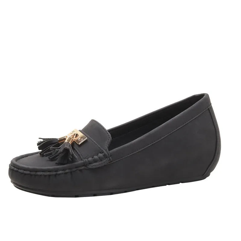 Nude casual work shoes with a mid heel, round toe, available in black, brown, blue, and milky white.