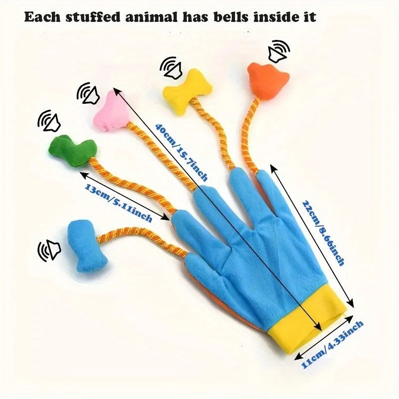 Yellow and blue plush cat toy with magic glove and integrated bell on white background