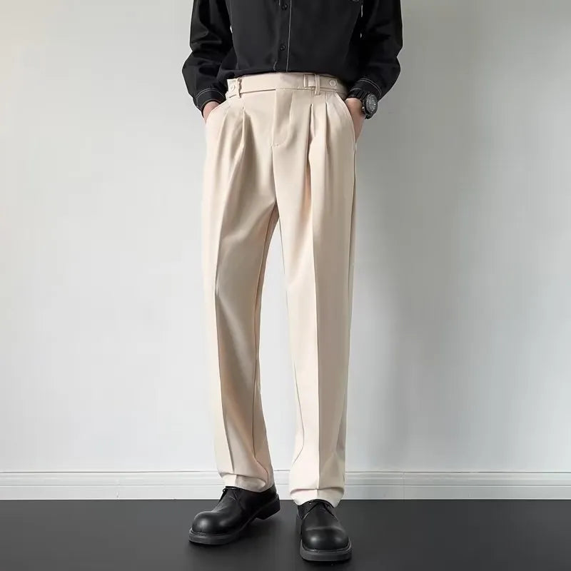 Men's straight-leg loose fit suit trousers in apricot colour on a hanger