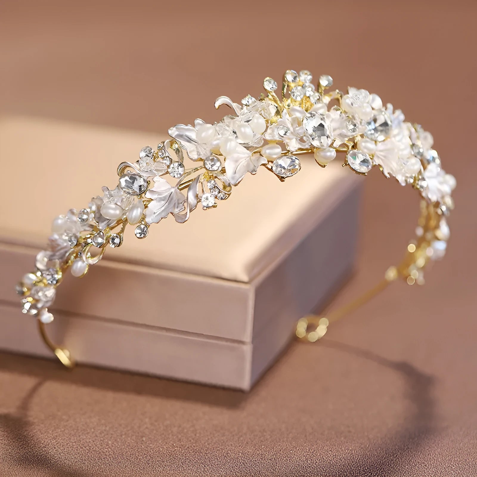 Pearl crown headdress hair accessory for women with electroplated gold finish and European-American style design