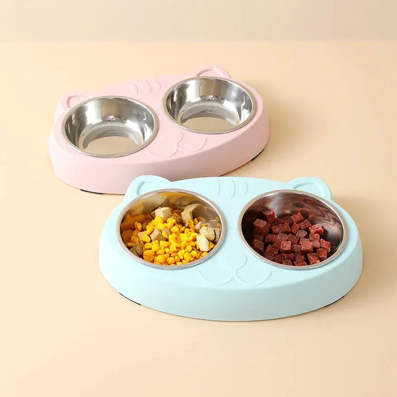 Blue macaron-shaped plastic double bowl pet feeder for food and water