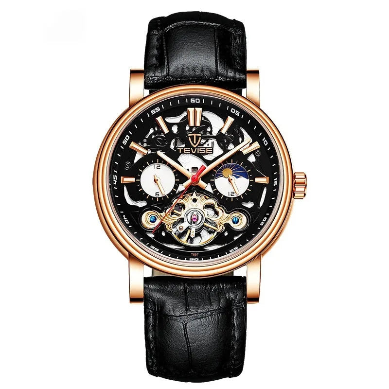 Men's black tourbillon mechanical watch with luminous hands on stainless steel bracelet