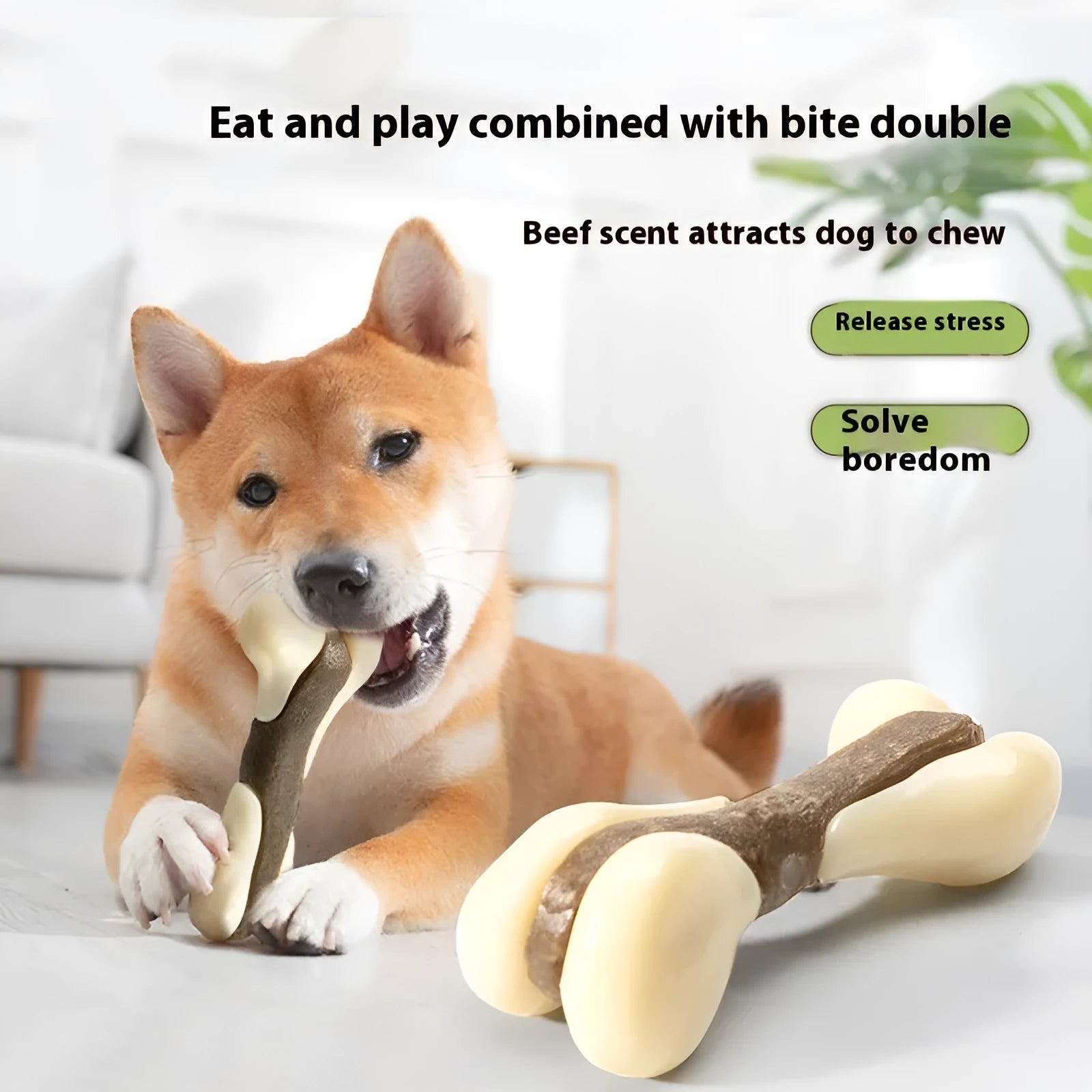 Durable bone-shaped dog chewing toy made from textured cowhide and nylon in two sizes.