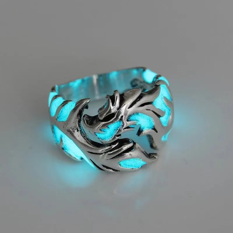 Adjustable Chinese dragon pattern ring with antique silver blue and green electroplated finish