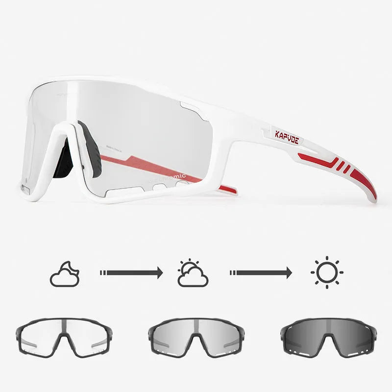Photochromic cycling sunglasses with a semi-rimless TR90 frame in one of fourteen colour options.