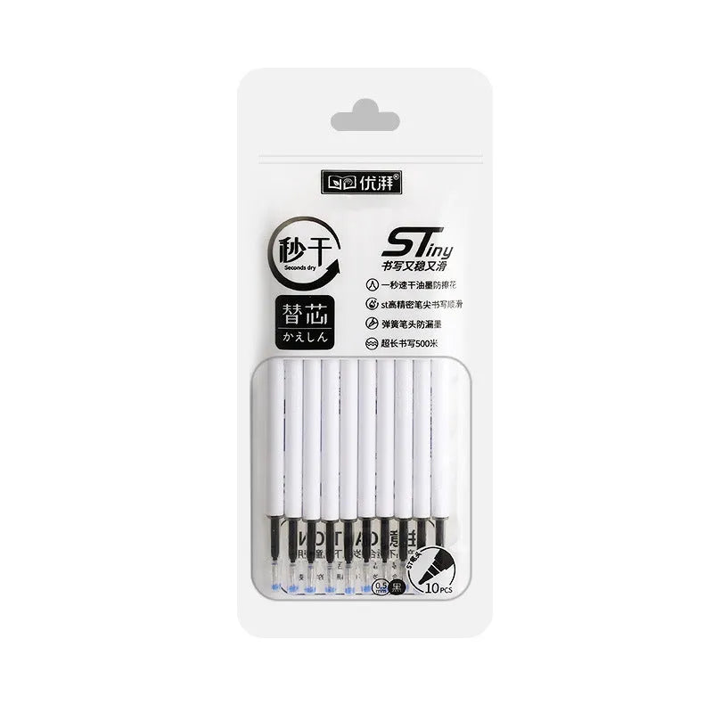 Pack of 10 quick-dry bullet pen refills in black, blue, red, and ink blue colours.