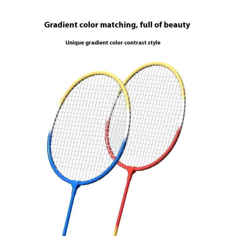 Blue and red alloy ultra-light split badminton rackets arranged as a complete pair set