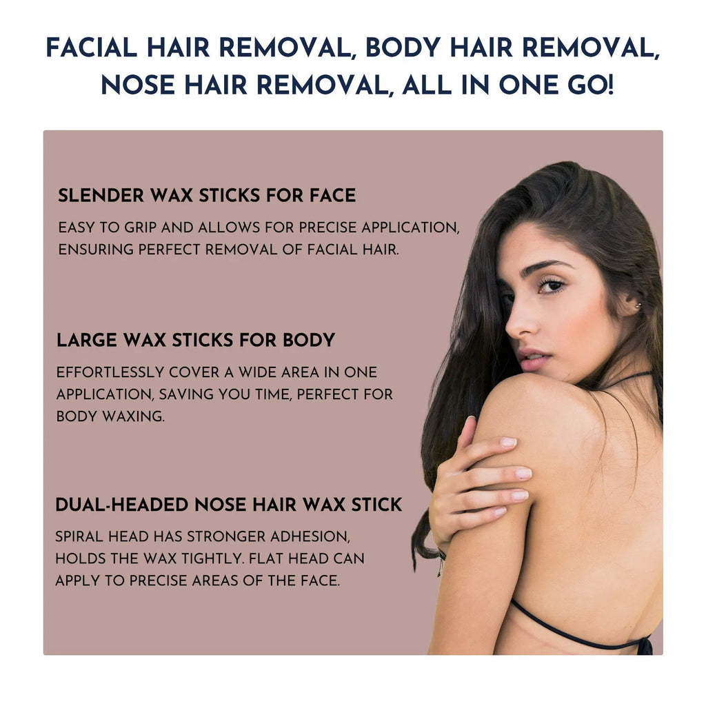 52-piece professional waxing kit showing hard wax beans, wax warmer, application sticks, post-care lotion and ice masks for sensitive skin hair removal.
