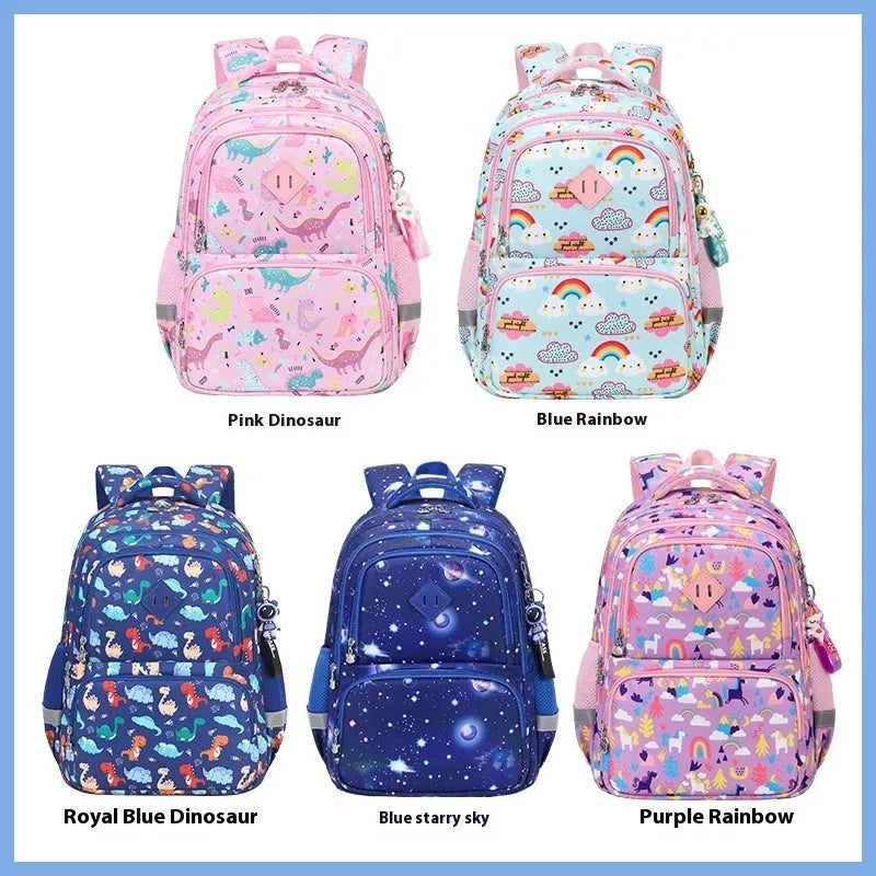 Blue children's waterproof school backpack with dinosaur print and curved shoulder straps
