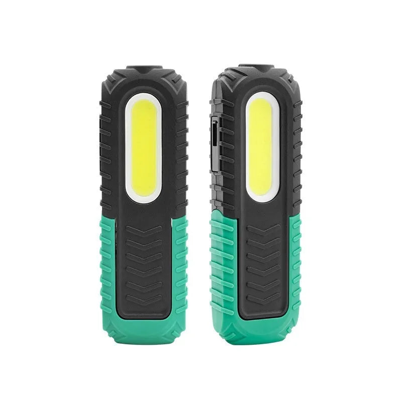 Black and green auto repair work light with USB charging cable and PET-coated ABS construction