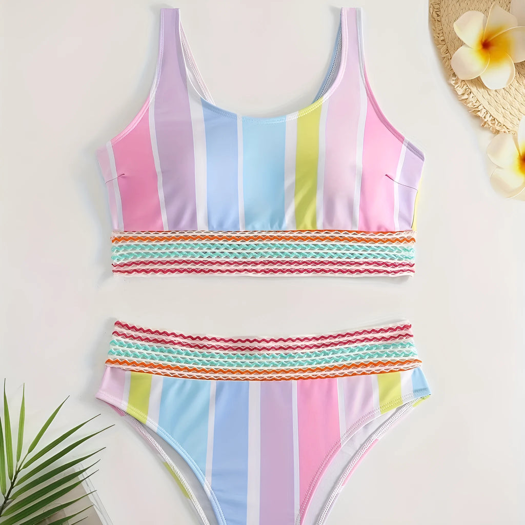 Women's striped bikini swimwear set with brief style and sports casual design