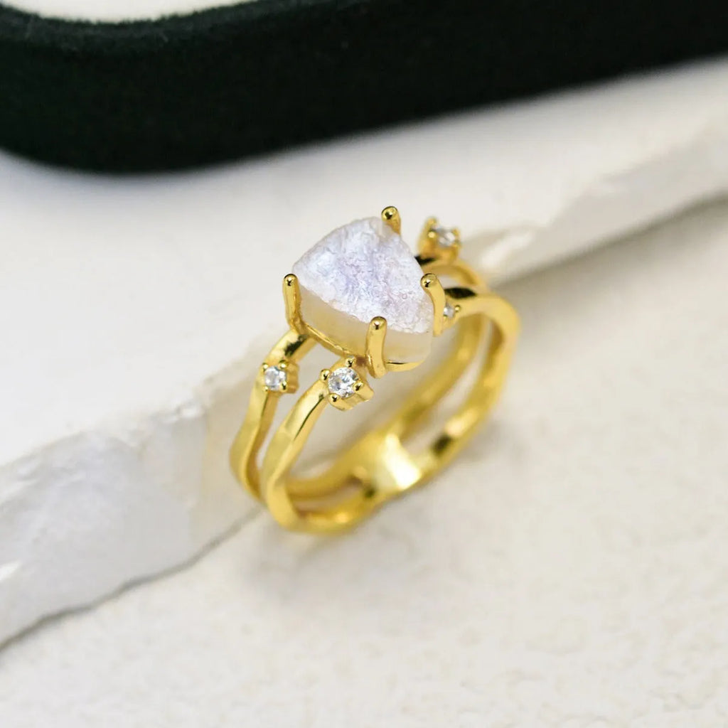 S925 sterling silver irregular triangle ring with moonstone in rose, white, or yellow gold finish.