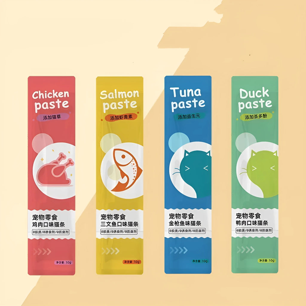 10-piece pack of cat strip snacks for kittens with four functional flavour options