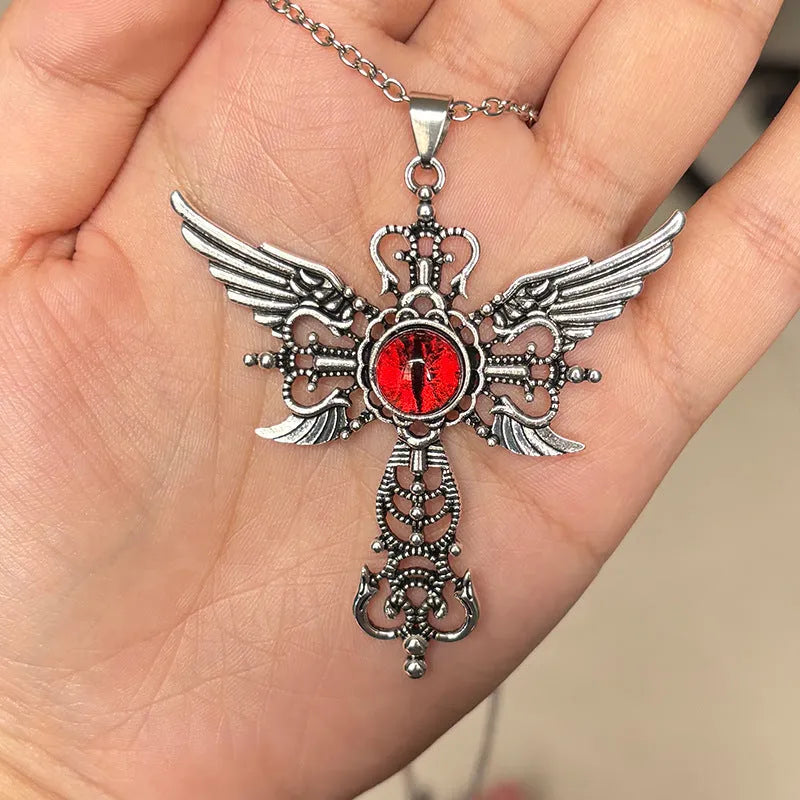 Alloy devil wings cross pendant necklace showing geometric design in available colour options