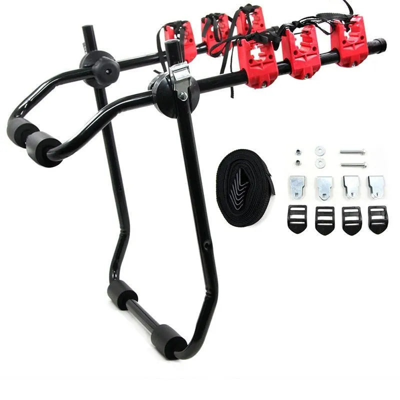 Black and red car boot mounted bike rack with iron frame and dual securing options