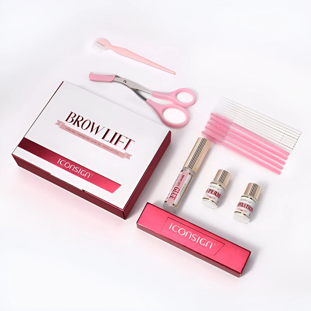 Pink eyebrow perm kit with suit style packaging containing eyebrow scalding and quick ironing tools