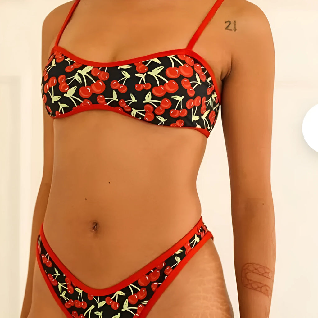 Women's cherry print tube top bikini swimsuit set with briefs bottoms