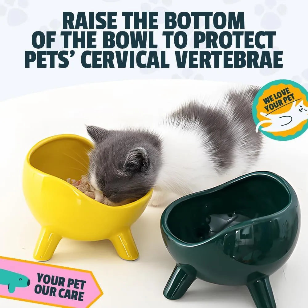 Green ceramic cat food bowl with four-legged stability base and wide mouth opening
