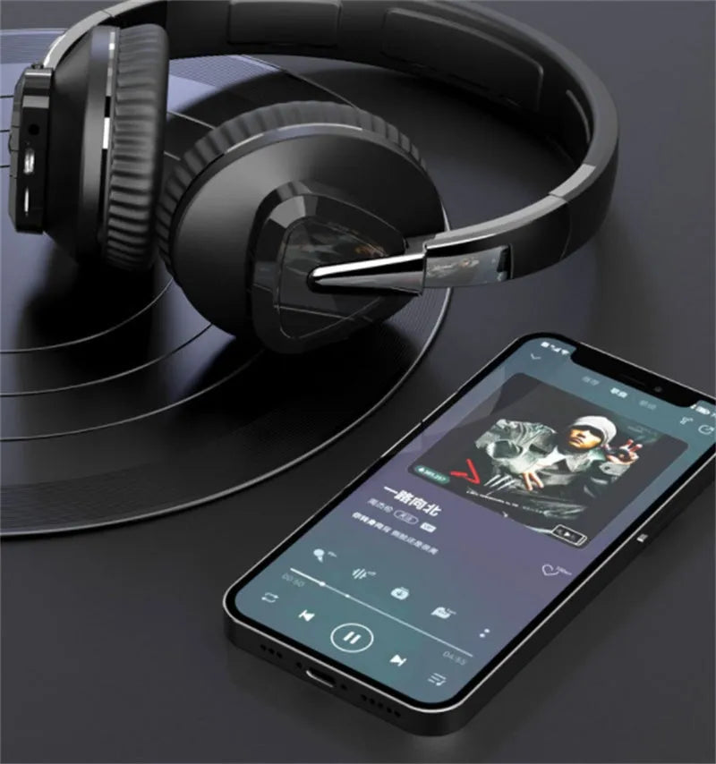 Wireless over-ear headset in black with Bluetooth logo, AUX jack, and TF card slot visible.