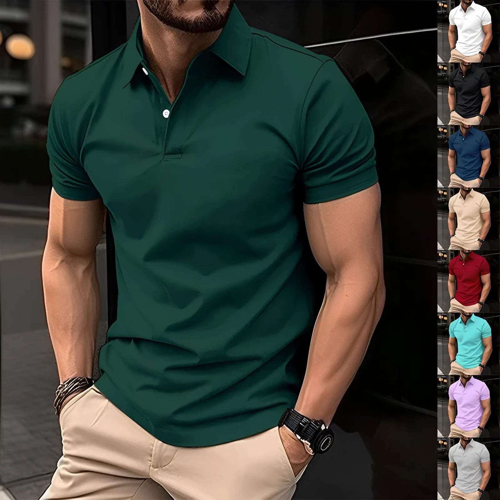 Men's solid colour short sleeve polo shirt with button lapel collar on a regular fit.