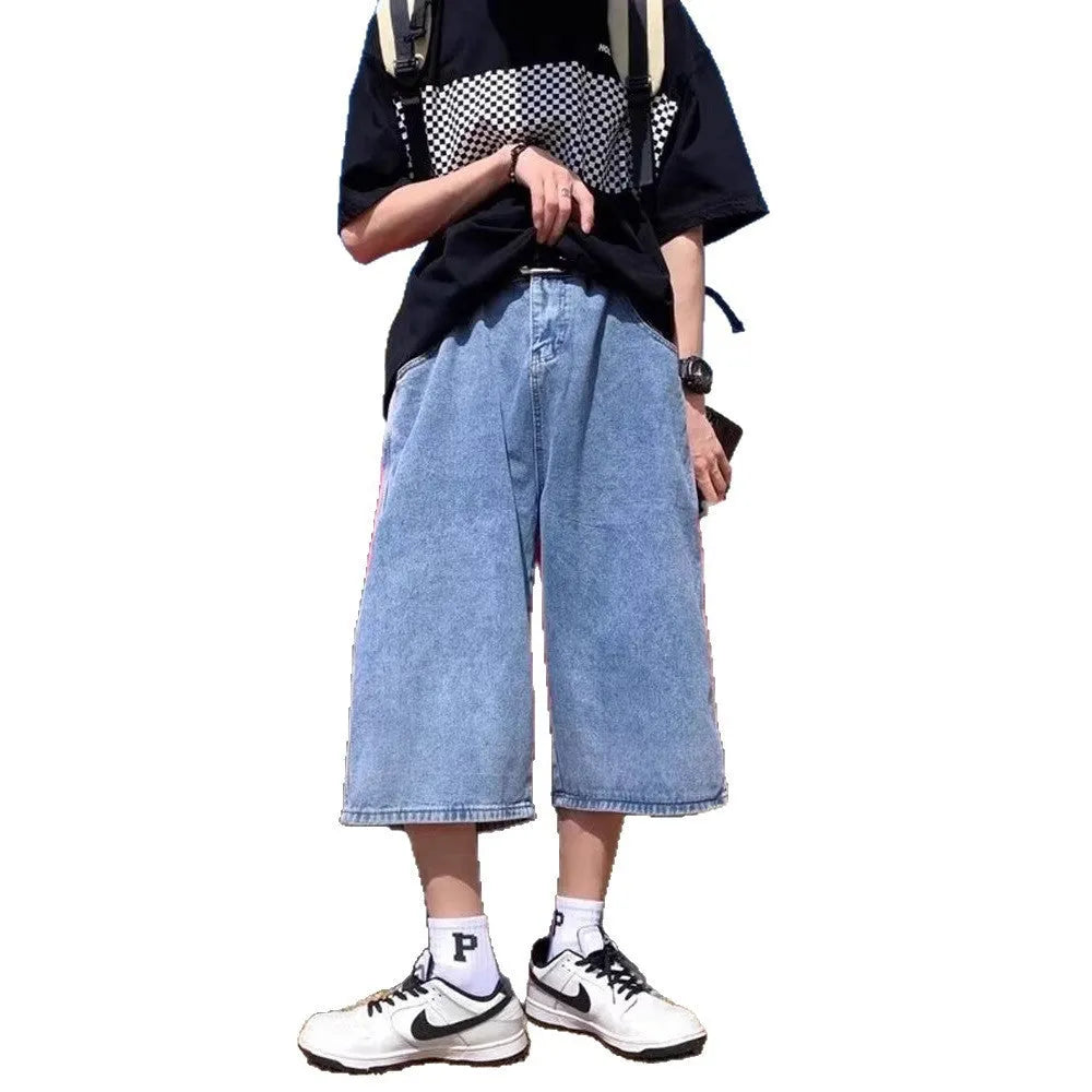 Men's blue washed denim pirate shorts with cropped length and high waist