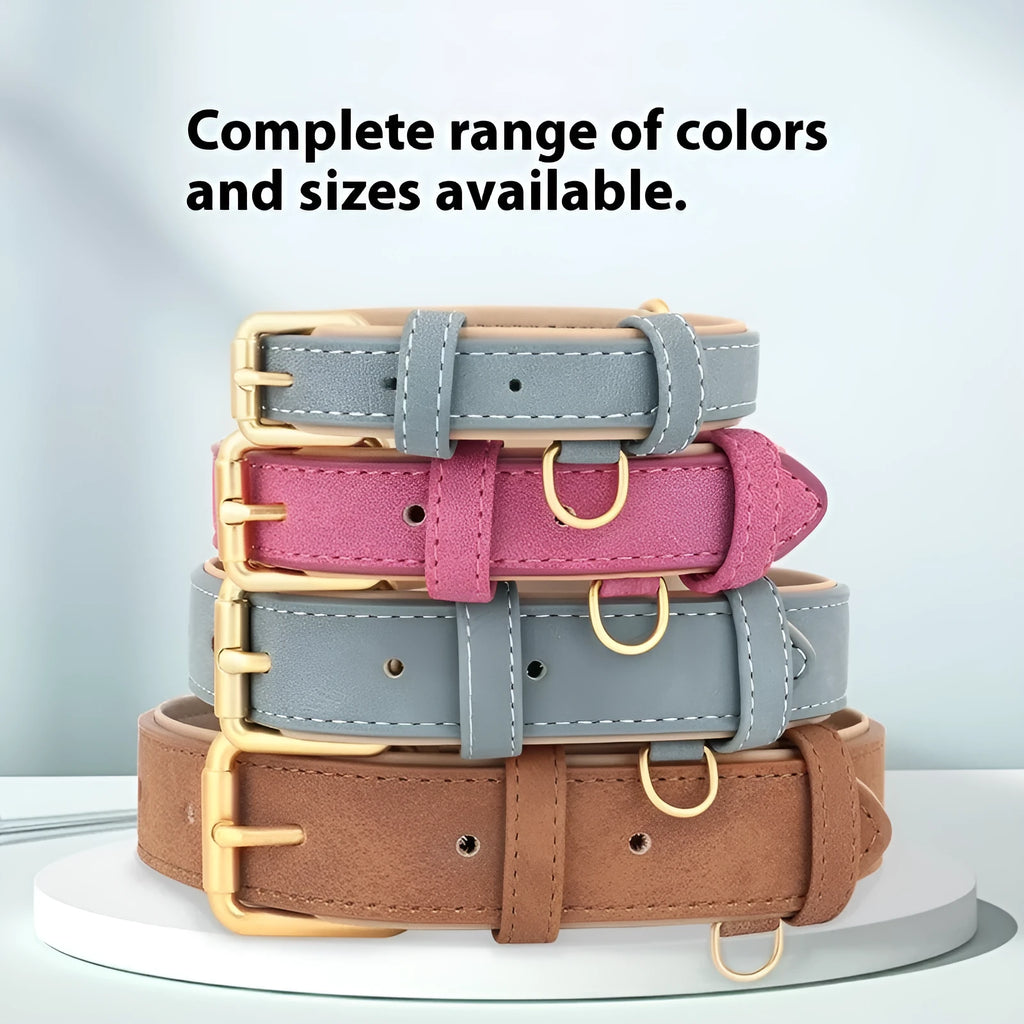 Double-layer leather dog collar and matching lead in rose red, brown, or blue colours