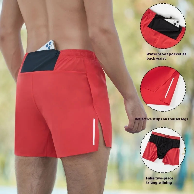 Men's loose fit off-road running shorts in red, shown with high waist and quick-dry fabric for marathon running.