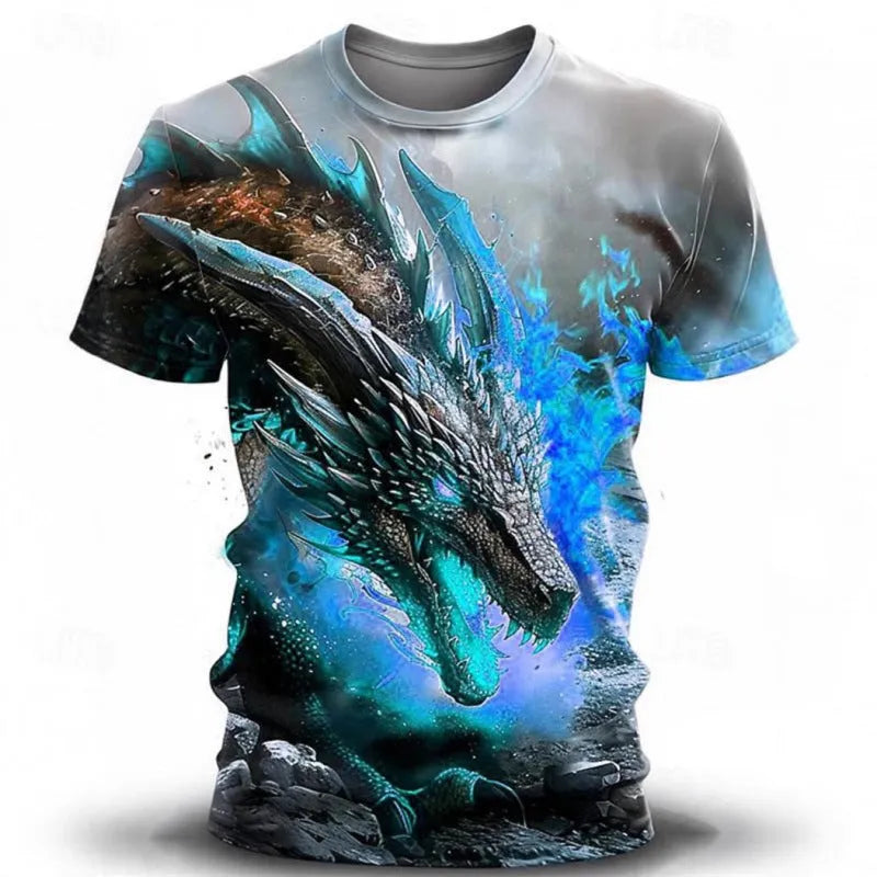 Men's grey T-shirt with a large blue 3D wind dragon print on the chest, short sleeves.