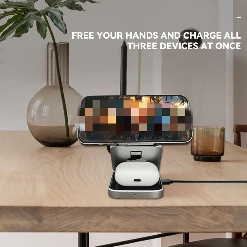 Three-in-one desktop wireless charging bracket with folding design showing Apple, Samsung and Google Pixel charging areas