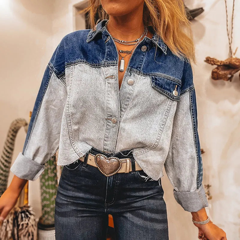 Women's loose fit denim coat with multiple buckles in colour matching pattern