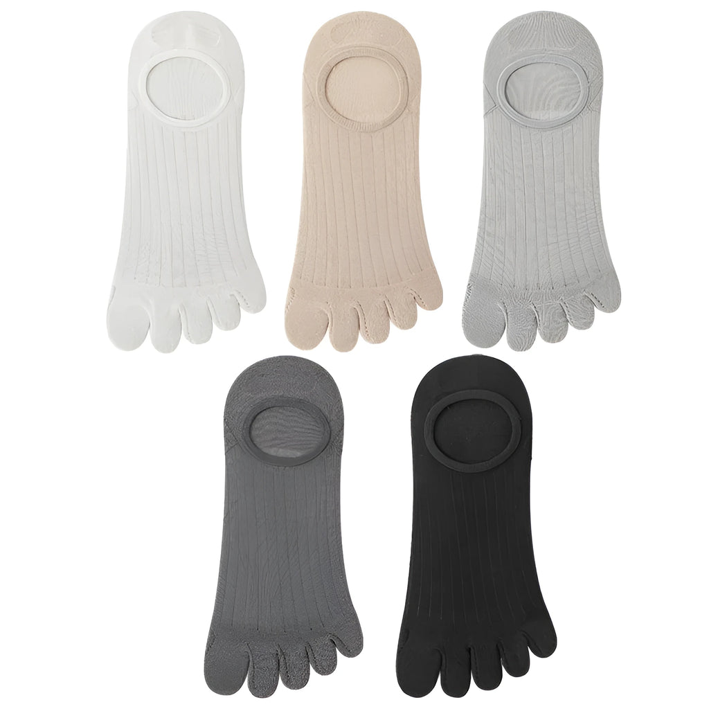Men's five-finger invisible socks in neutral colours showing antibacterial and non-slip features