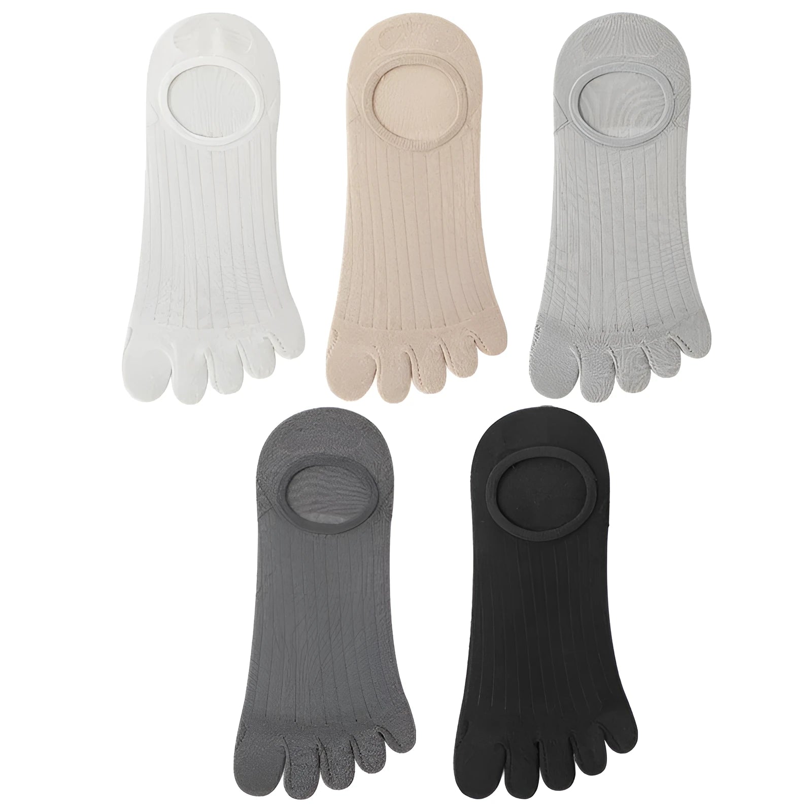 Men's five-finger invisible socks in neutral colours showing antibacterial and non-slip features